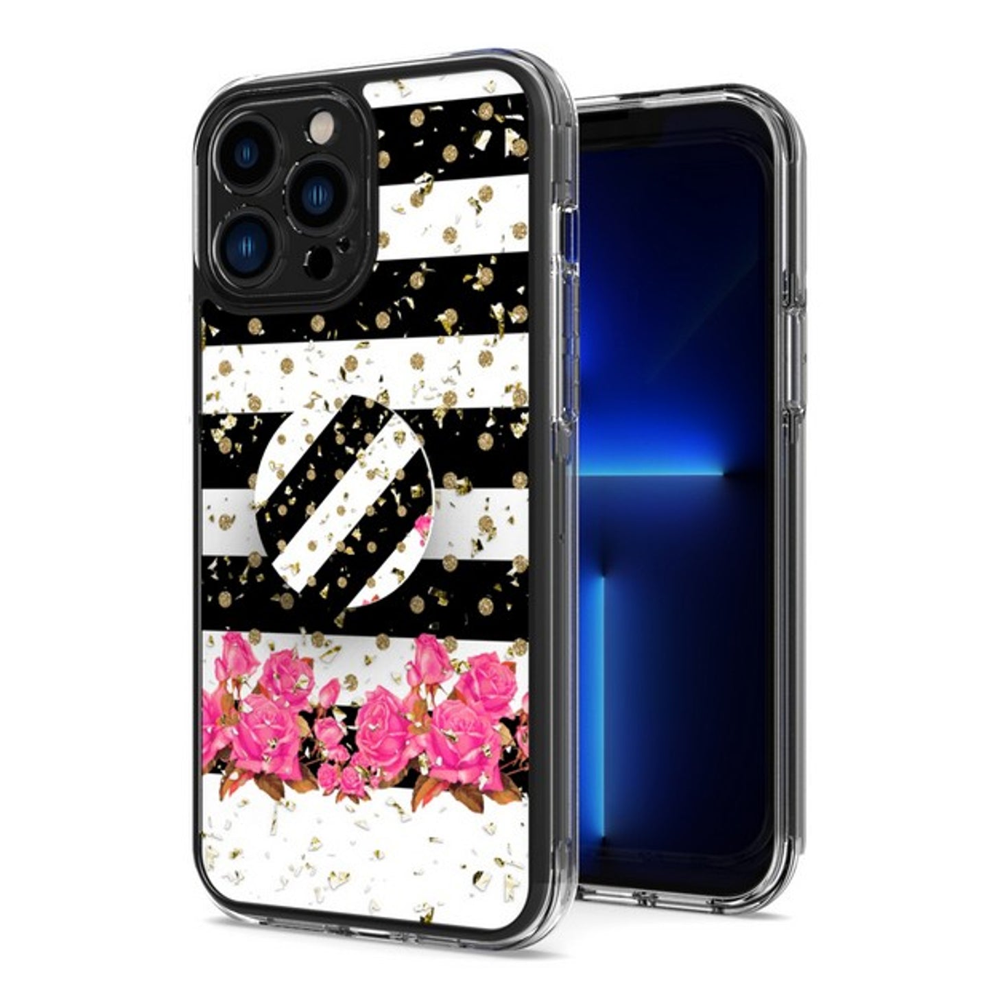 For Apple iPhone 15 (6.1") Elegant Pattern Design Bling Glitter Hybrid Cases with Ring Stand Pop Up Finger Holder Kickstand  Phone Case Cover