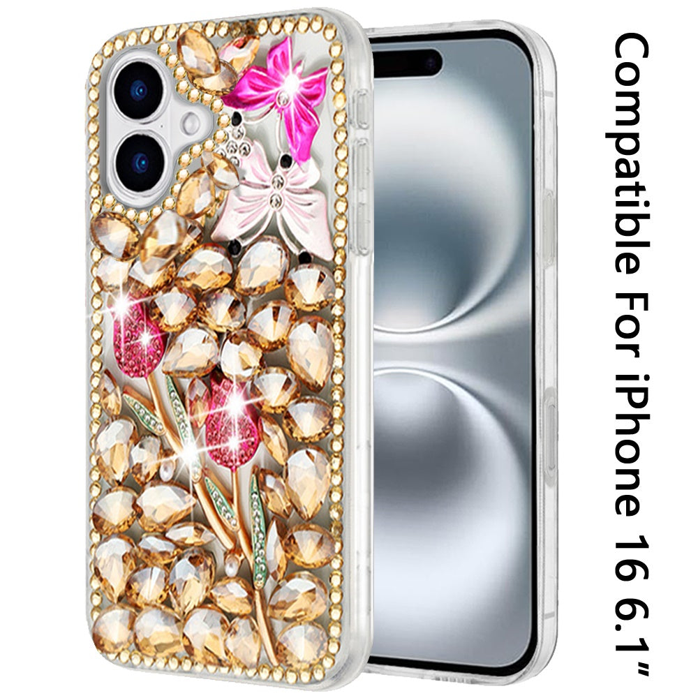 For Apple iPhone 16 (6.1") Bling Crystal 3D Full Diamonds Luxury Sparkle Rhinestone Hybrid Protective Case Cover