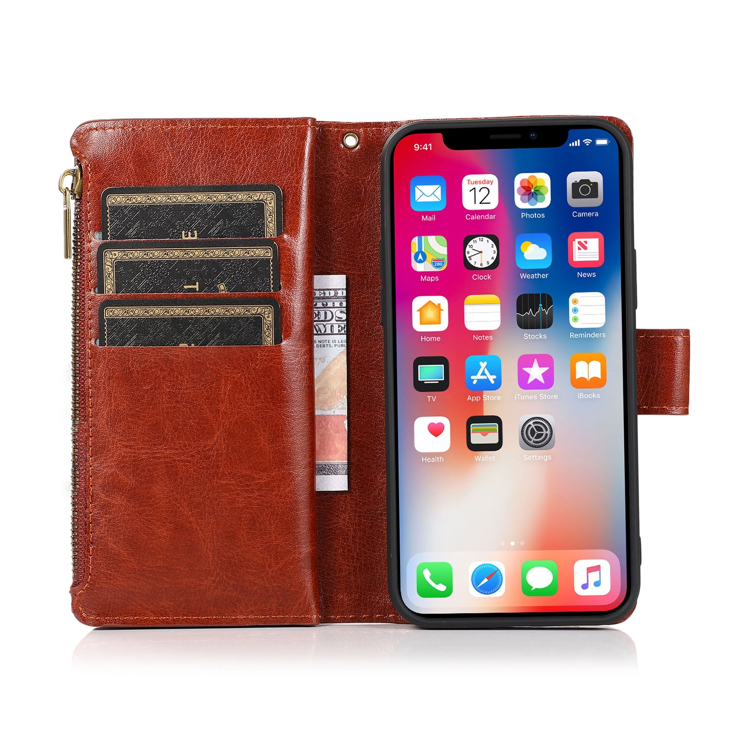 For Apple iPhone 16 Pro Max (6.9") Leather Zipper Wallet Case 9 Credit Card Slots Cash Money Pocket Clutch Pouch Stand & Strap Case Cover Brown