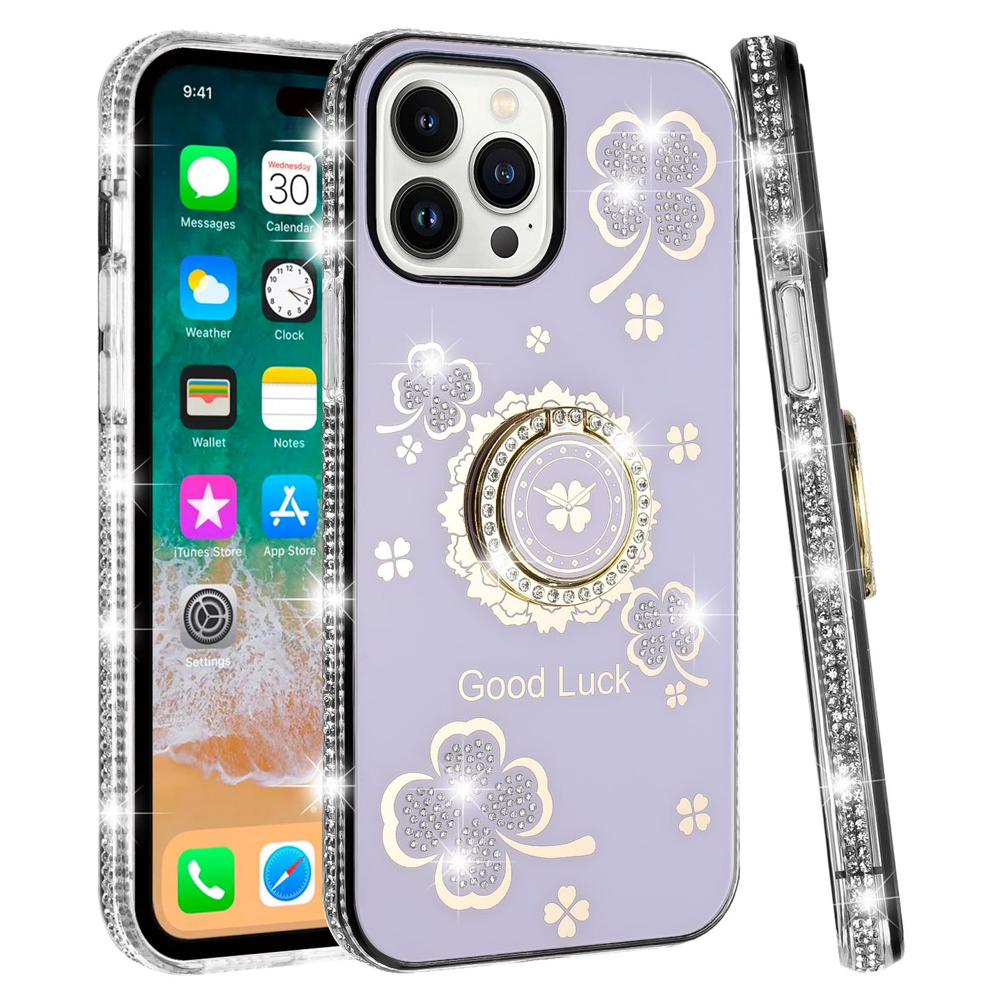 For Apple iPhone 16 Pro Max (6.9") Diamonds Bling All Around Edges Sparkly Glitter Hybrid with Ring Stand Holder Fashion Good Luck Case Cover