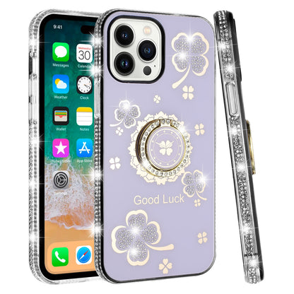 For Apple iPhone 16 Pro Max (6.9") Diamonds Bling All Around Edges Sparkly Glitter Hybrid with Ring Stand Holder Fashion Good Luck Case Cover