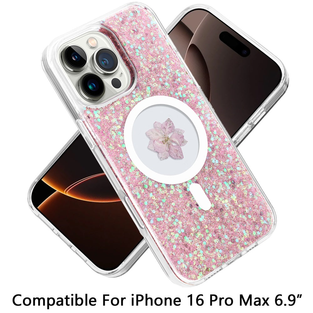 For Apple iPhone 16 Pro Max (6.9") Magnetic Circle MagSafe Wireless Compatible Epoxy Glitter Flower Shiny Sparkle Bling Hybrid Slim TPU Case Cover