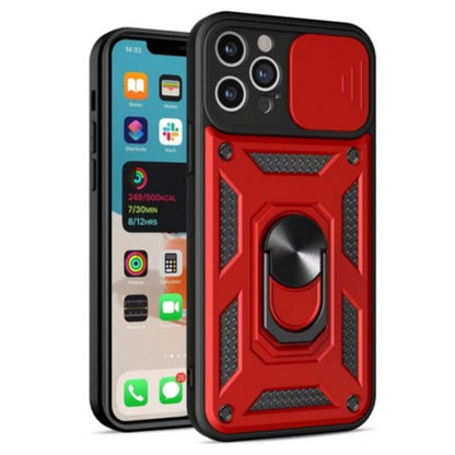 For Apple iPhone 15 (6.1") Built in Sliding Camera Lens Protection & Finger Ring Stand Holder Hybrid PC Shockproof  Phone Case Cover