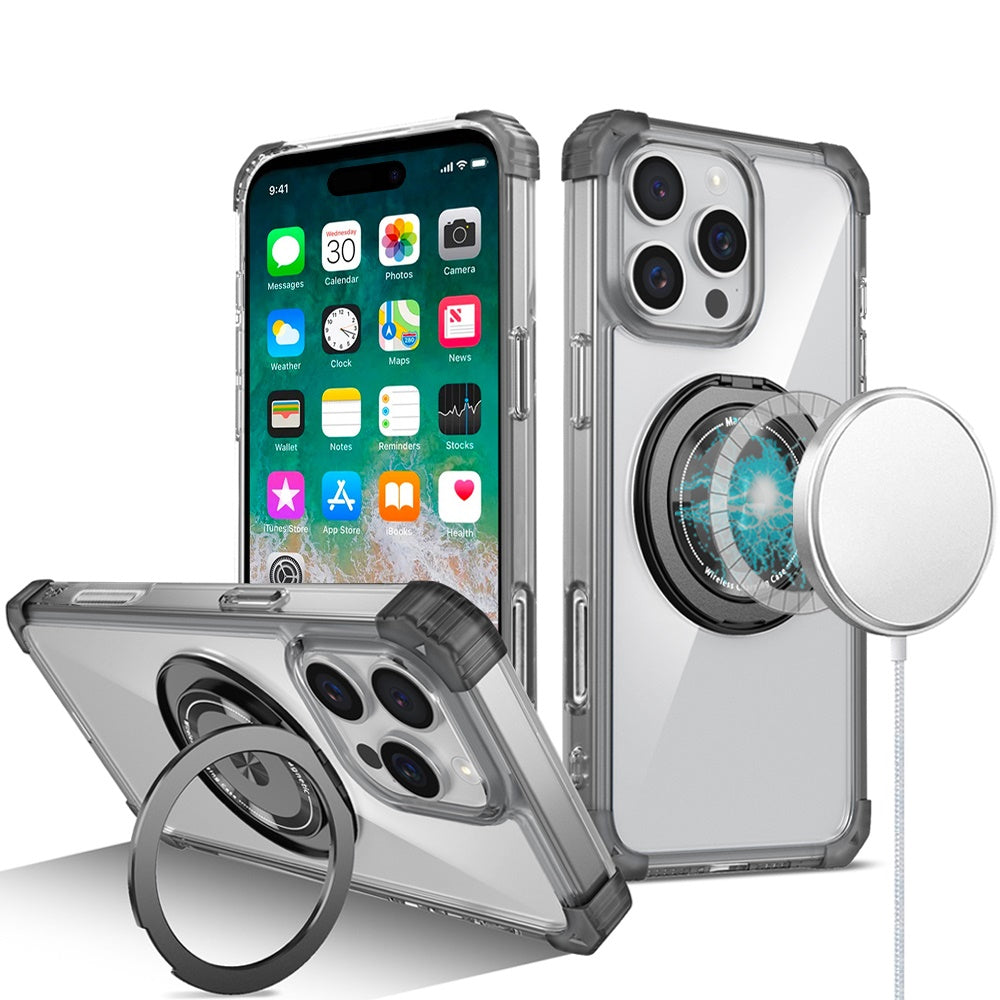 For Apple iPhone 16 Pro Max (6.9") Magnetic [Compatible with Magsafe] with 360° Rotatable Ring Holder Invisible Stand Transparent Case Cover