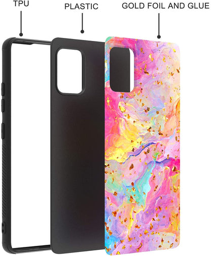 For Apple iPhone 15 (6.1") Marble Fashion Stylish Flake Glitter Bling Hybrid Glossy TPU Rubber Hard PC Protection Marble Colorful Rainbow Phone Case Cover