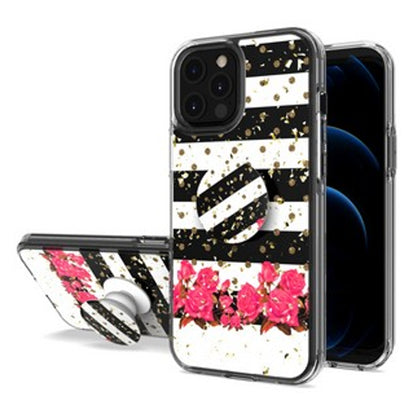 For Apple iPhone 15 Pro Max (6.7") Elegant Pattern Design Bling Glitter Hybrid Ring Stand Pop Up Finger Holder Kickstand  Phone Case Cover