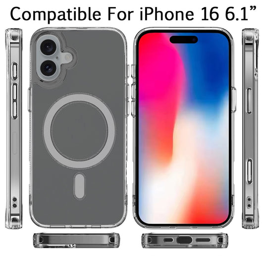 For Apple iPhone 16 (6.1") Clear Magnetic Case with Built-in Magnets Compatible with MagSafe Slim Soft TPU Bumper Case Cover Transparent