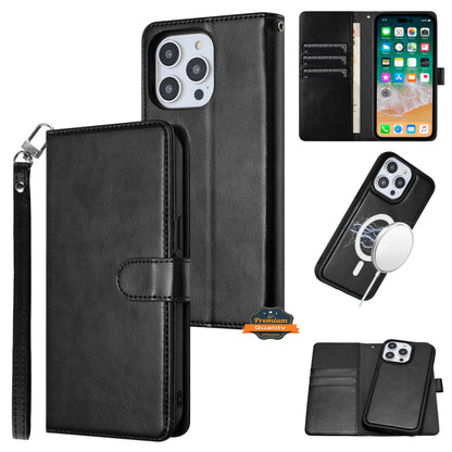 For Apple iPhone 16 Pro (6.3") Deattachable PU Leather Hybrid Wallet Money Credit Card Holder Support Magsafe Charger Case Cover Black