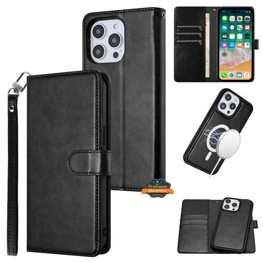 For Apple iPhone 16 Pro (6.3") Deattachable PU Leather Hybrid Wallet Money Credit Card Holder Support Magsafe Charger Case Cover Black