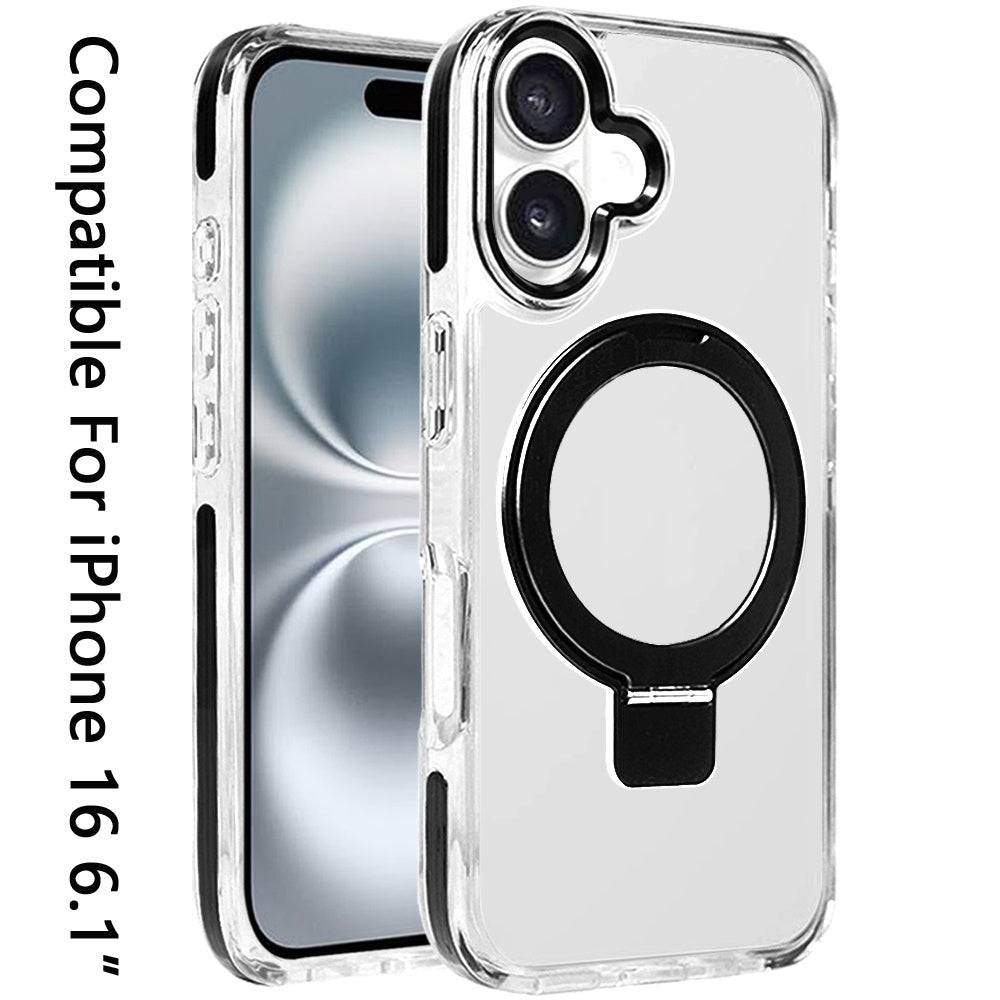 For Apple iPhone 16 (6.1") Hybrid Transparent Circle Back Ring Kickstand [Compatible with MagSafe] Shockproof Color Frame Bumper Case Cover