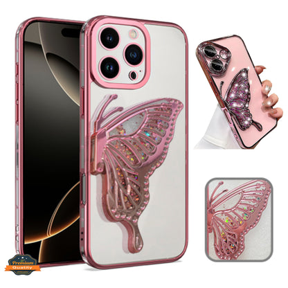 For Apple iPhone 16 Pro (6.3") Glitter 3D Butterfly Bling Luxury Electroplate Chrome Sparkle Liquid Flowing Plating Bumper Case Cover