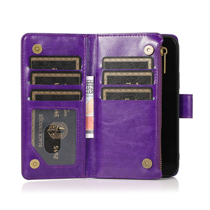 For Apple iPhone 16 (6.1") Leather Zipper Wallet Case 9 Credit Card Slots Cash Money Pocket Clutch Pouch Stand & Strap Case Cover Purple