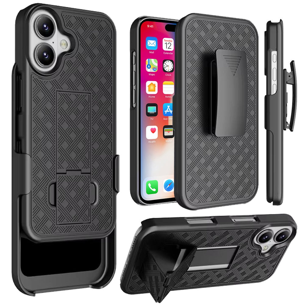 For Apple iPhone 16 (6.1") Premium Hybrid Texture Built-in Kickstand Holster Combo 3in1 Swivel Belt Clip Slim Shockproof Case Cover Black