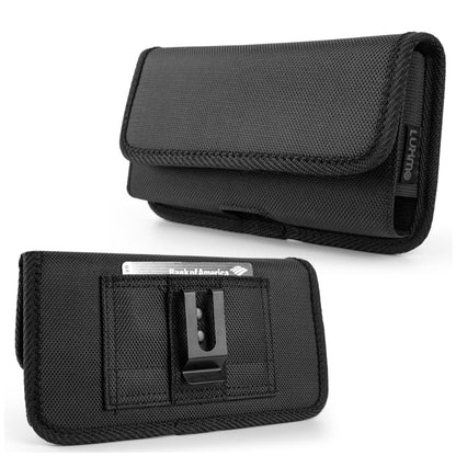 For Apple iPhone 16 Pro Max (6.9") Universal Horizontal Cell Phone Case Fabric Holster Carrying Pouch with Belt Clip and 2 Card Slots fit XXL Devices [Black]