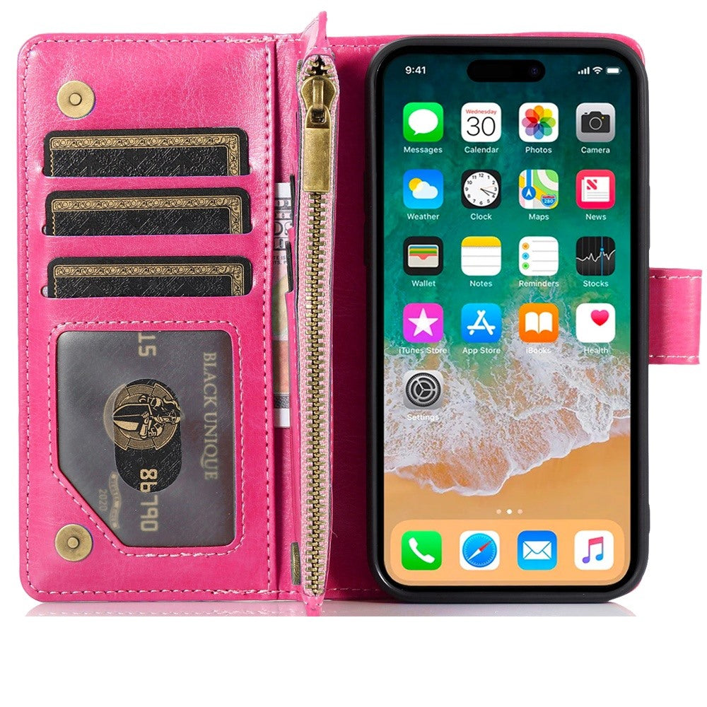 For Apple iPhone 16 (6.1") Leather Zipper Wallet Case 9 Credit Card Slots Cash Money Pocket Clutch Pouch Stand & Strap Case Cover Hot Pink