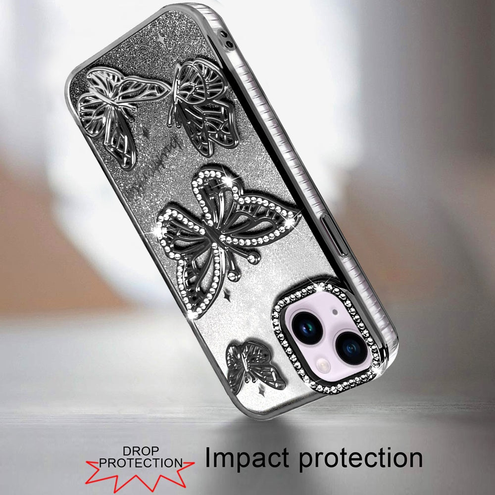 For Apple iPhone 12, Apple iPhone 12 Pro Luxury Butterfly Sparkle Glitter Diamond Crystal Rhinestone Shimmer Bling Plating Thick TPU Hard PC Case Cover