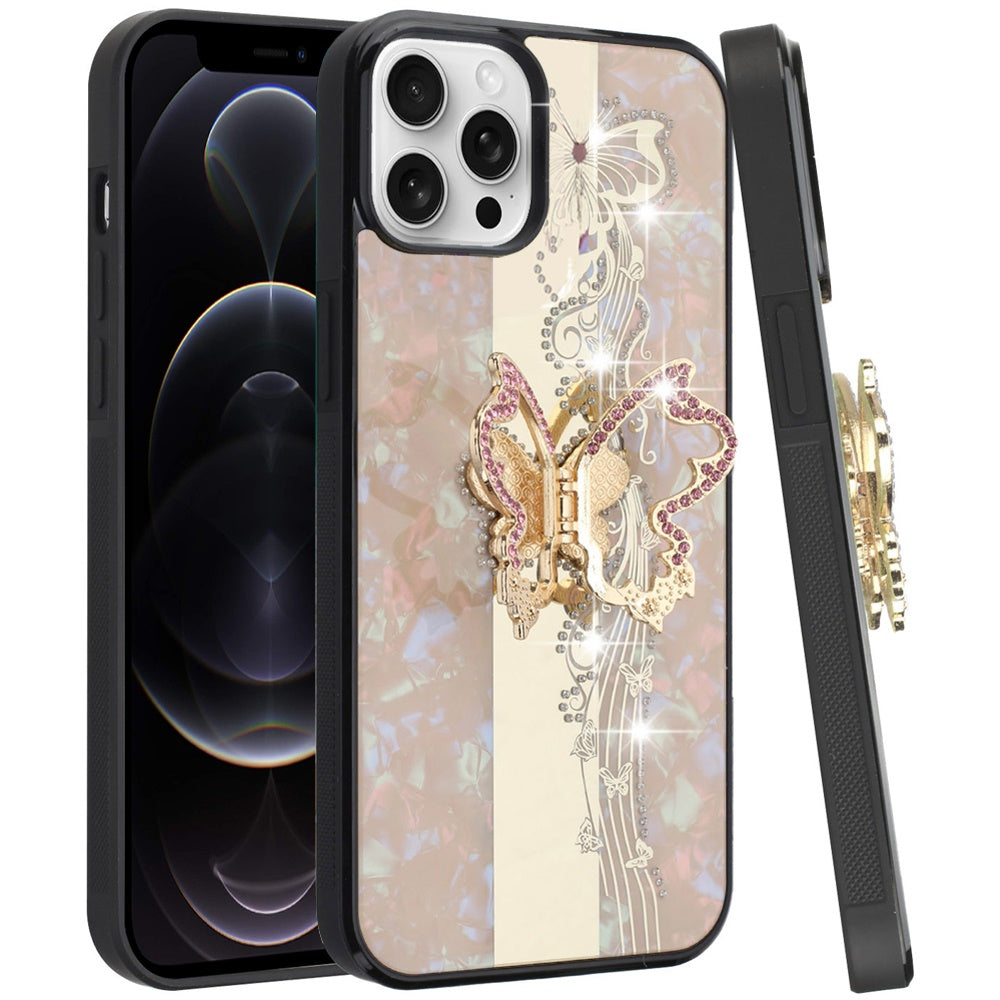 For Apple iPhone 12 Pro Max Diamond Bling Sparkly 3D Ornaments Engraving Hybrid with Ring Stand Fashion Case Cover Enchanted Butterfly Gold