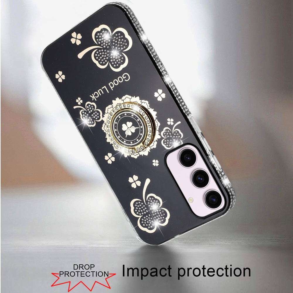 For Samsung Galaxy S23 Diamonds Bling All Around Edges Sparkly Glitter Hybrid Ring Stand Holder Fashion Good Luck Case Cover