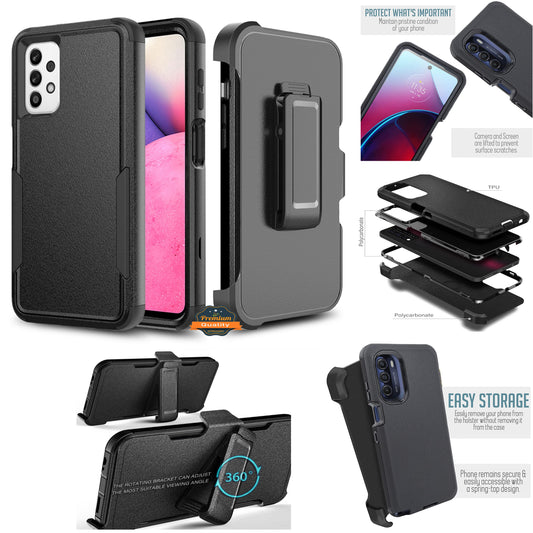 For Apple iPhone 15 Pro Max (6.7") Heavy Duty Rugged Shockproof Body Protection Hybrid Stand with Swivel Belt Clip Holster Black Phone Case Cover