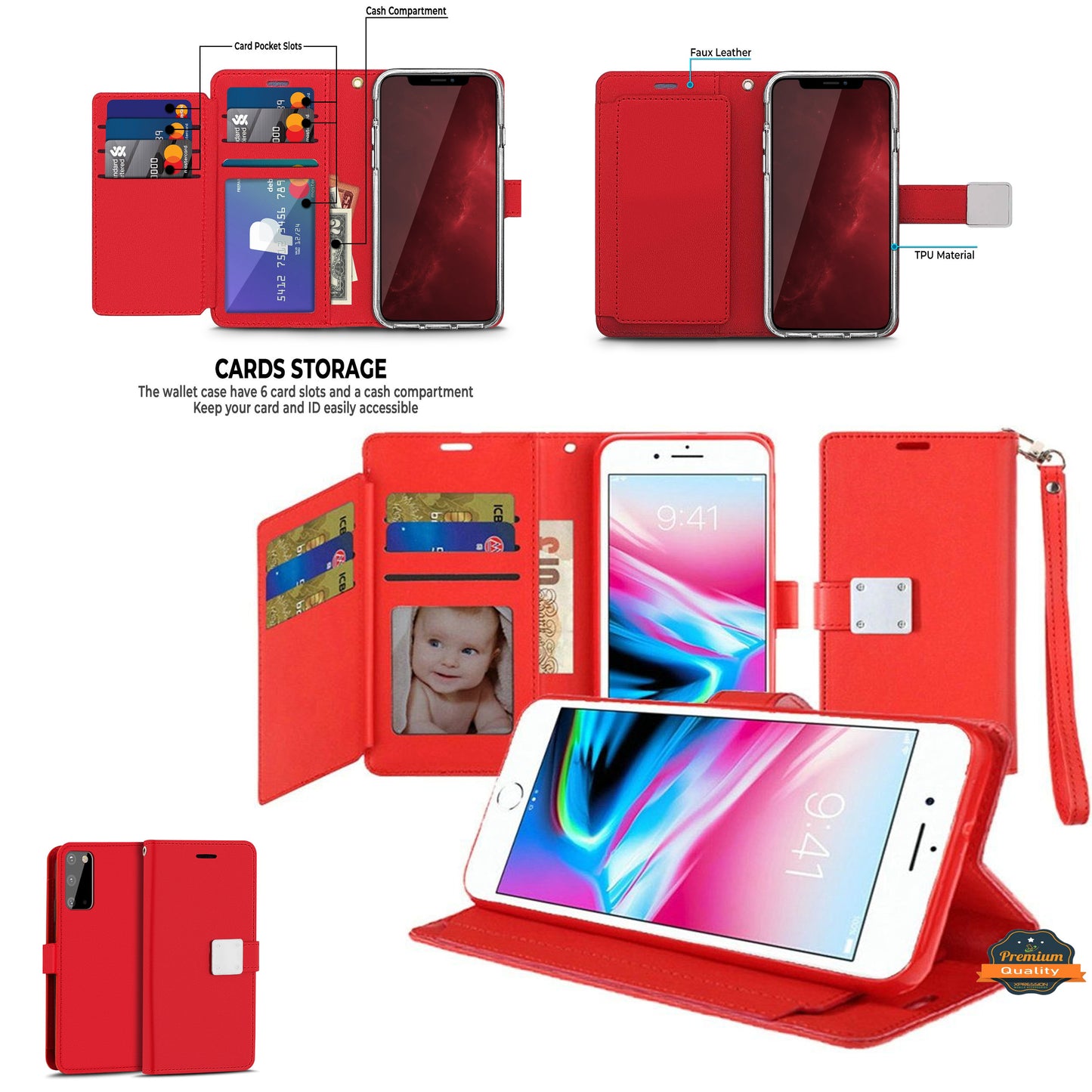 For Apple iPhone SE 4 Wallet Cases PU Leather with Credit Card /ID /Cash Holder Slot Dual Flip Pouch, Stand and Strap Case Cover Red