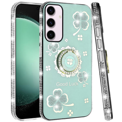 For Samsung Galaxy S23 Diamonds Bling All Around Edges Sparkly Glitter Hybrid Ring Stand Holder Fashion Good Luck Case Cover