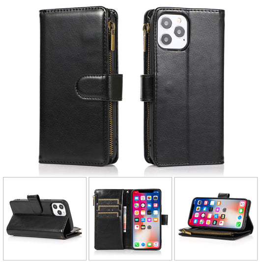 For Apple iPhone 16 Pro Max (6.9") Leather Zipper Wallet Case 9 Credit Card Slots Cash Money Pocket Clutch Pouch Stand & Strap Case Cover Black