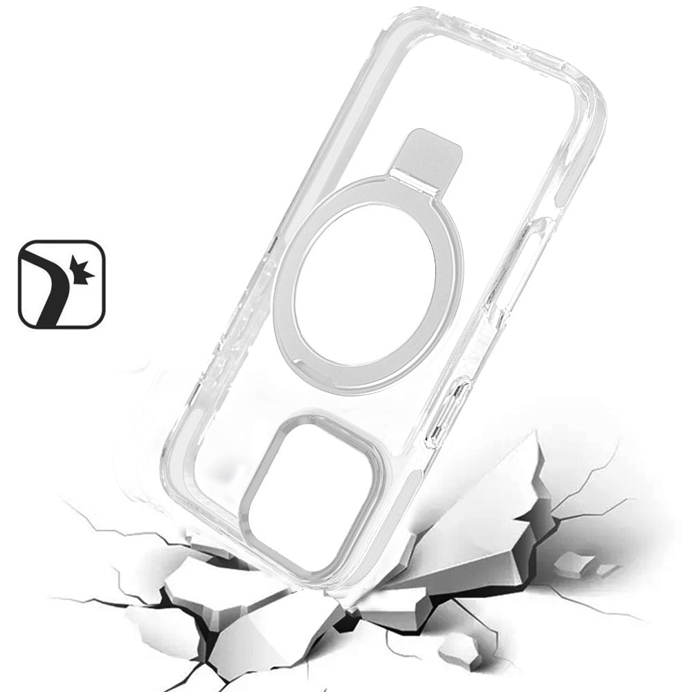 For Apple iPhone 16 (6.1") Hybrid Transparent Circle Back Ring Kickstand [Compatible with MagSafe] Shockproof Color Frame Bumper Case Cover