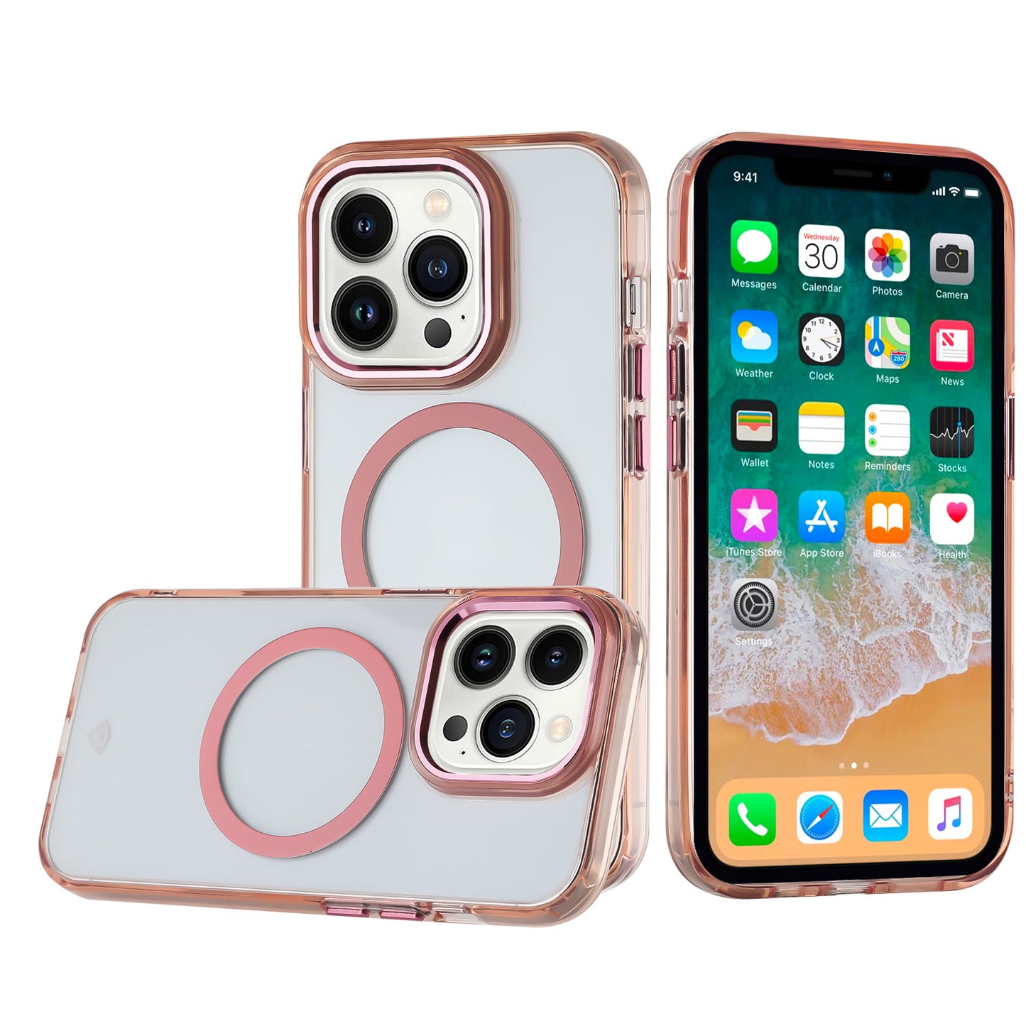 For Apple iPhone 16 (6.1") Transparent Back Hybrid Circle Ring Magnetic Compatible with MagSafe Color Frame Metal Buttons Case Cover