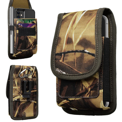 For Apple iPhone 16 Pro Max (6.9") Vertical Camouflage Nylon Canvas Holster Universal Cell Phone Pouch Velcro Closure with Credit Card Slot & Belt Clip Loop Carabiner [Hunting Camo]