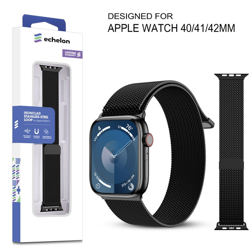 echelon Ironclad Stainless Steel Loop for Apple Watch Series 9 41mm/Watch Series 10 42mm / Watch SE (2022) 40mm - Black, Apple Watch Accessories