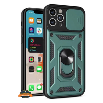 For Apple iPhone 15 (6.1") Built in Sliding Camera Lens Protection & Finger Ring Stand Holder Hybrid PC Shockproof  Phone Case Cover