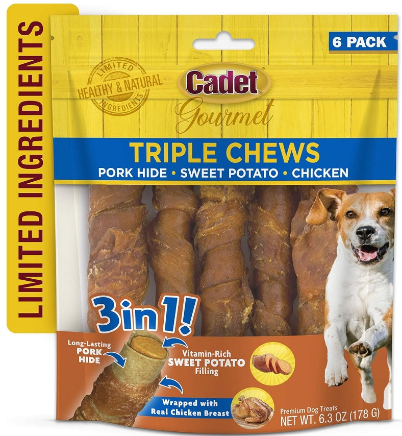 Cadet Gourmet Pork Hide Triple Chews with Chicken and Sweet Potato [Dog Supplies] 6 count