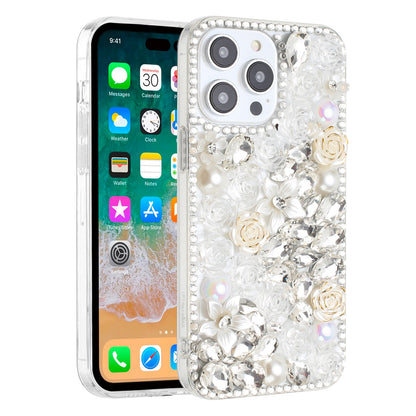 For Apple iPhone 16 Plus (6.7") Fashion Rose Flower Floral Bling Crystal 3D Full Diamonds Pearl Sparkle Rhinestone Glitter Hybrid Case Cover