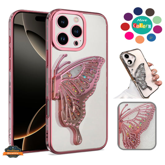 For Apple iPhone 16 Pro Max (6.9") Glitter 3D Butterfly Bling Luxury Electroplate Chrome Sparkle Liquid Flowing Plating Bumper Case Cover