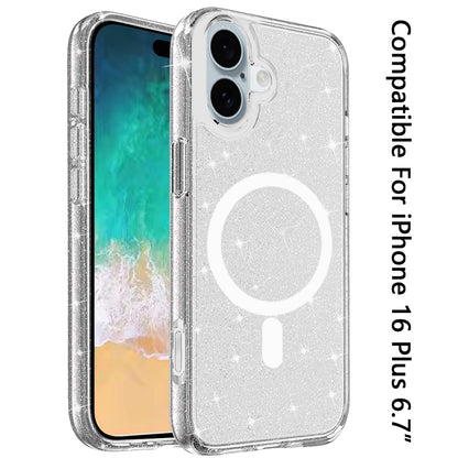 For Apple iPhone 16 Plus (6.7") MagSafe Compatible Glitter Shiny Sparkle Bling TPU Rubber Hard PC Back Hybrid Frame Case Cover