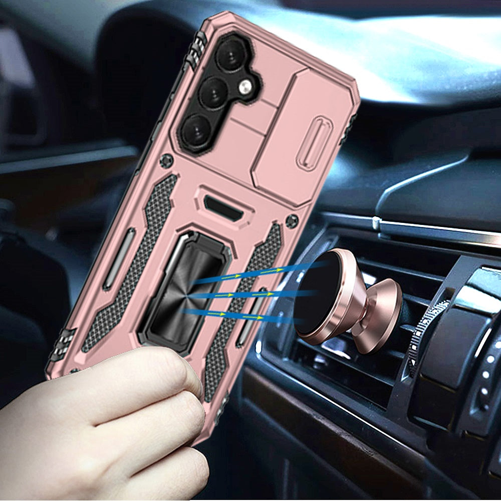 For Samsung Galaxy S24 FE /Fan Edition Hybrid Case with Rotation Ring Stand Shockproof & Camera Window PC & TPU Armor Dropproof Case Cover Rose Gold