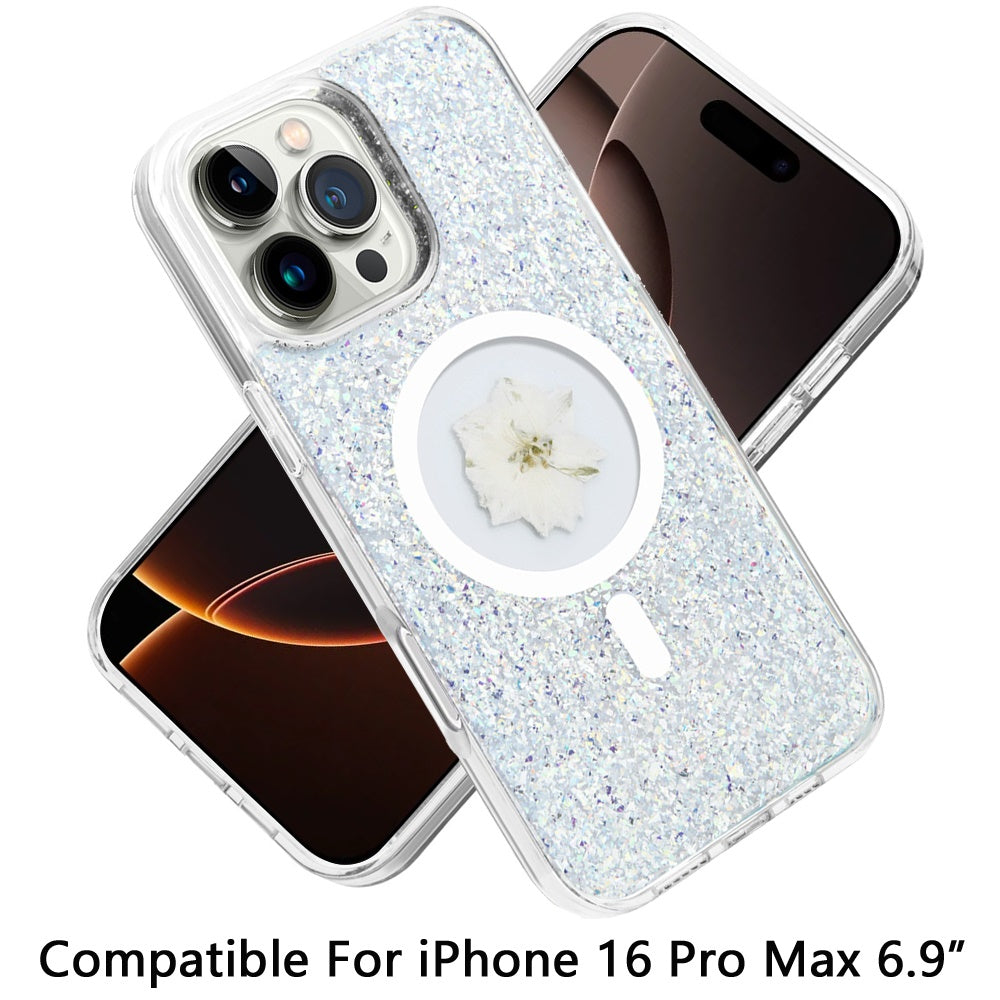 For Apple iPhone 16 Pro Max (6.9") Magnetic Circle MagSafe Wireless Compatible Epoxy Glitter Flower Shiny Sparkle Bling Hybrid Slim TPU Case Cover