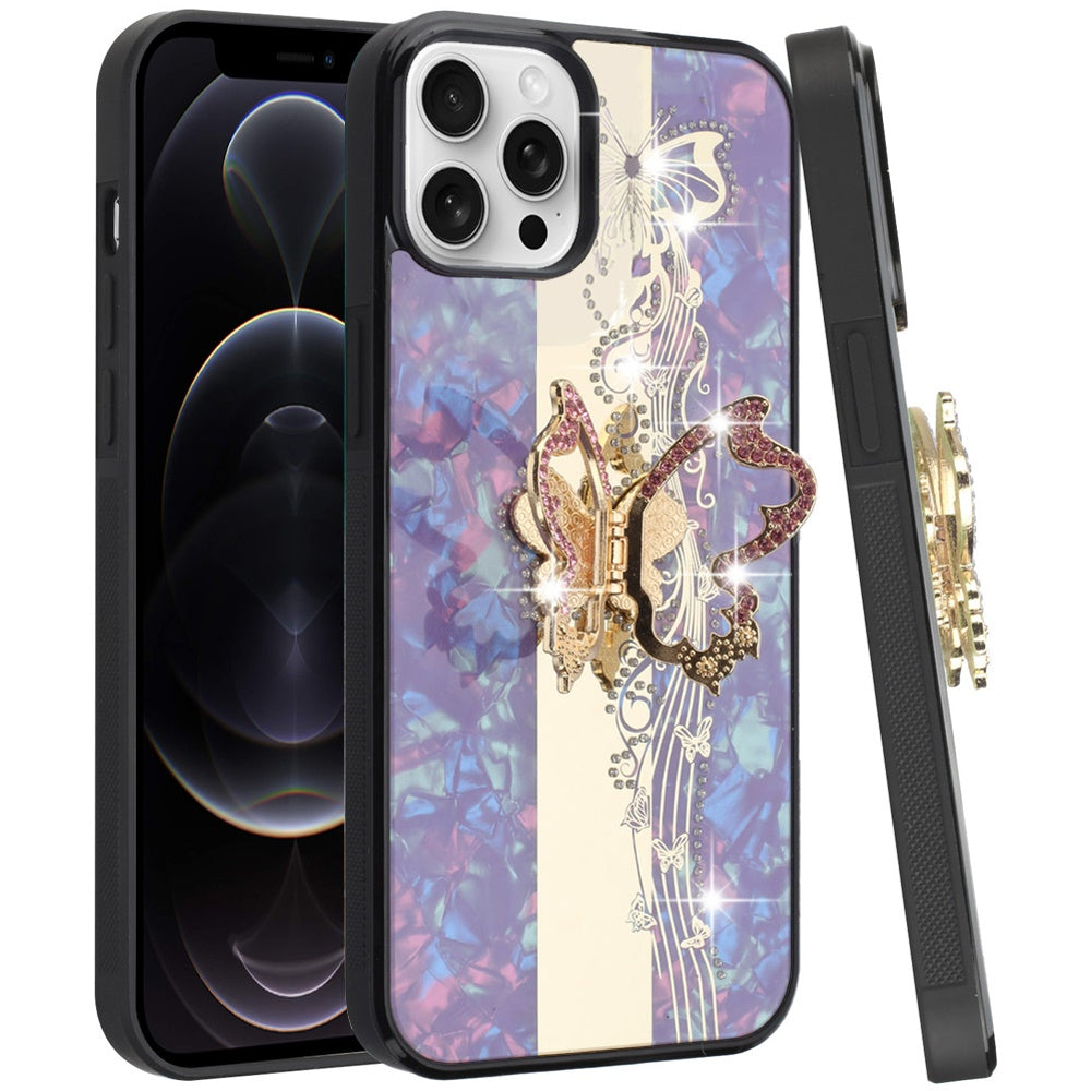 For Apple iPhone 12 Pro Max Diamond Bling Sparkly 3D Ornaments Engraving Hybrid with Ring Stand Fashion Case Cover Enchanted Butterfly Purple