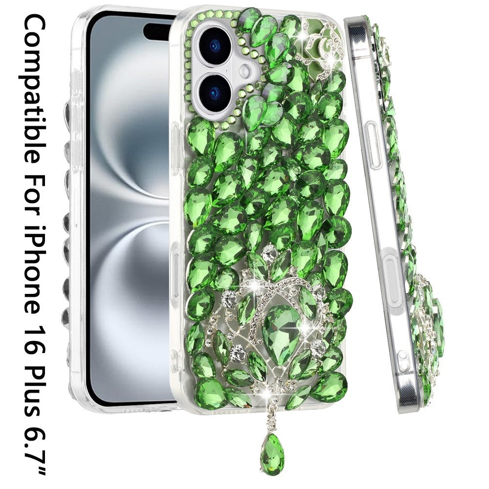 For Apple iPhone 16 Plus (6.7") Bling Crystal 3D Full Diamonds Jewelry Luxury Sparkle Rhinestone Glitter Hybrid Protective Case Cover