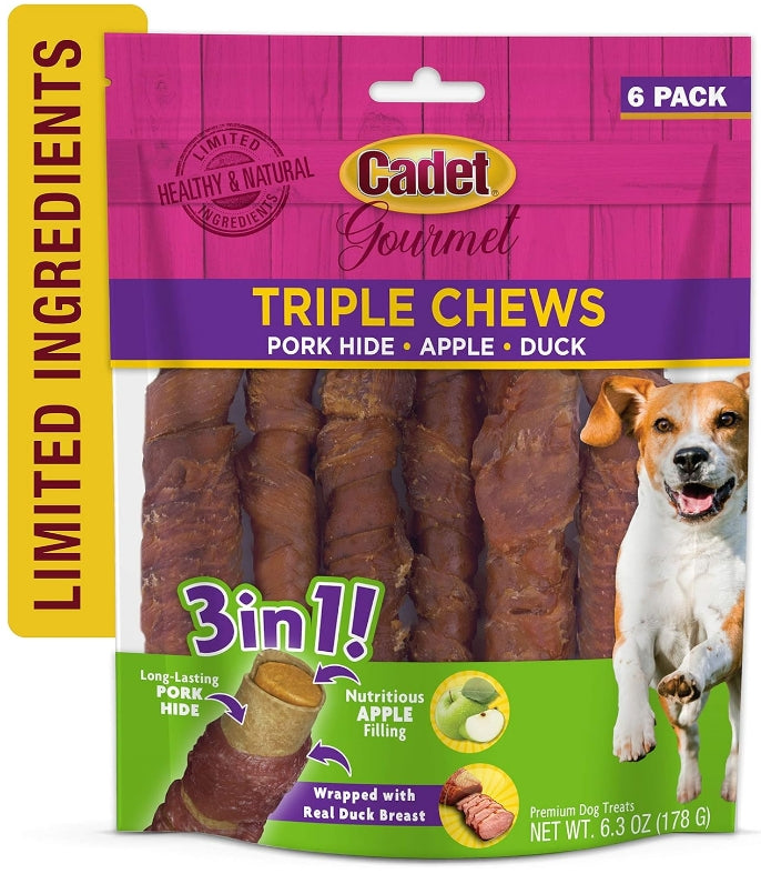 Cadet Gourmet Pork Hide Triple Chews with Duck and Apple [Dog Supplies] 6 count