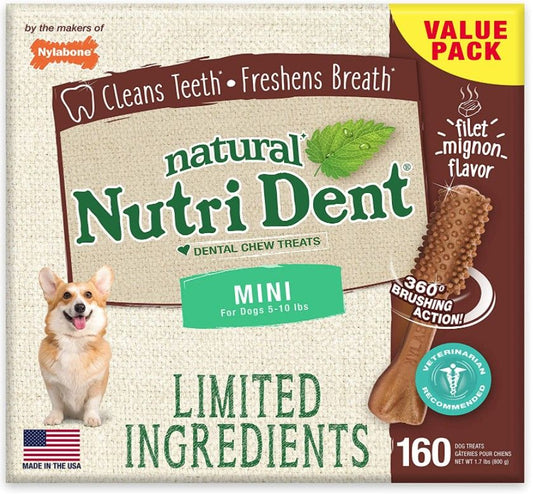 Nylabone Natural Nutri Dent Filet Mignon Dental Chews - Limited Ingredients [Dental & Breath Aids for Dog] MIni - 160 Count