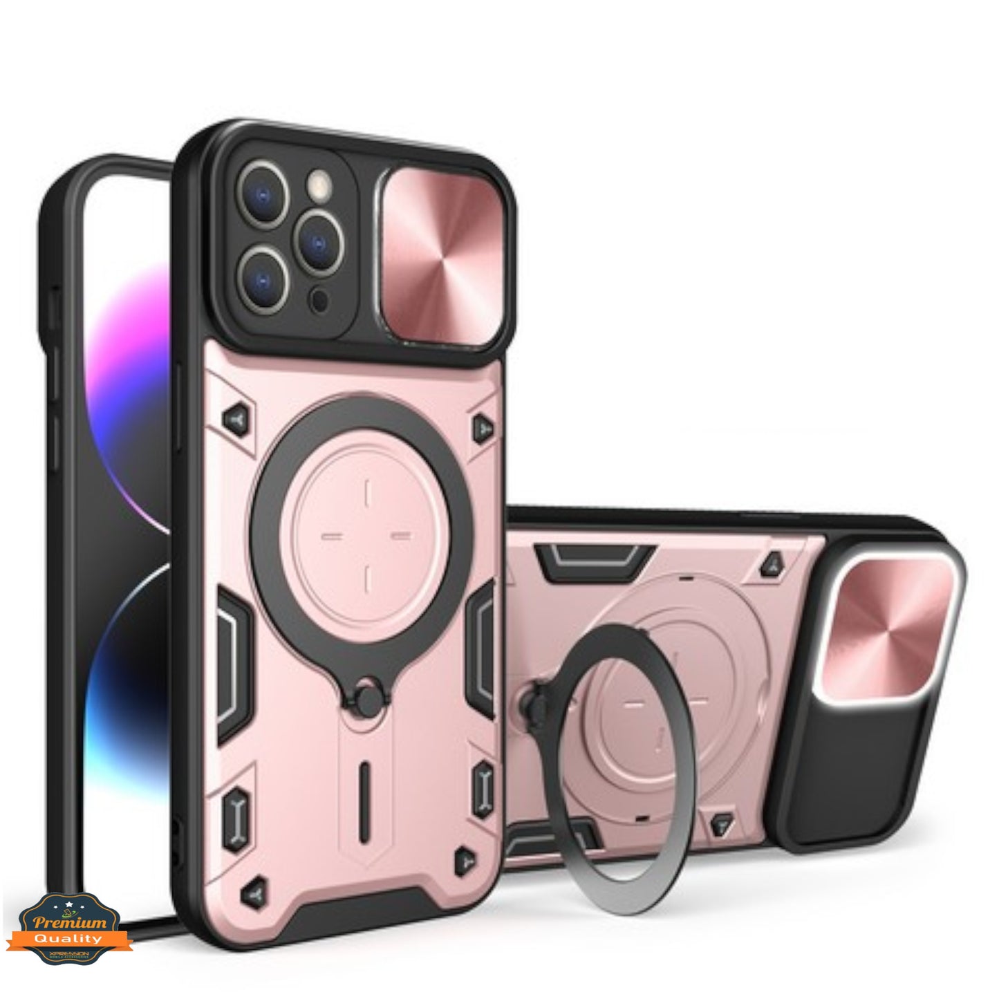 For Apple iPhone 16 Pro Max (6.9") Magnetic Circle Ring Stand Compatible with Magsafe and Sliding Camera Lens Protector Hybrid Shockproof Case Cover