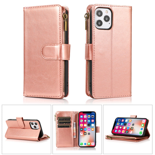 For Apple iPhone SE 4 PU Leather Zipper Wallet Case 9 Credit Card Slots Cash Money Pocket Clutch Pouch with Stand & Strap Case Cover Rose Gold