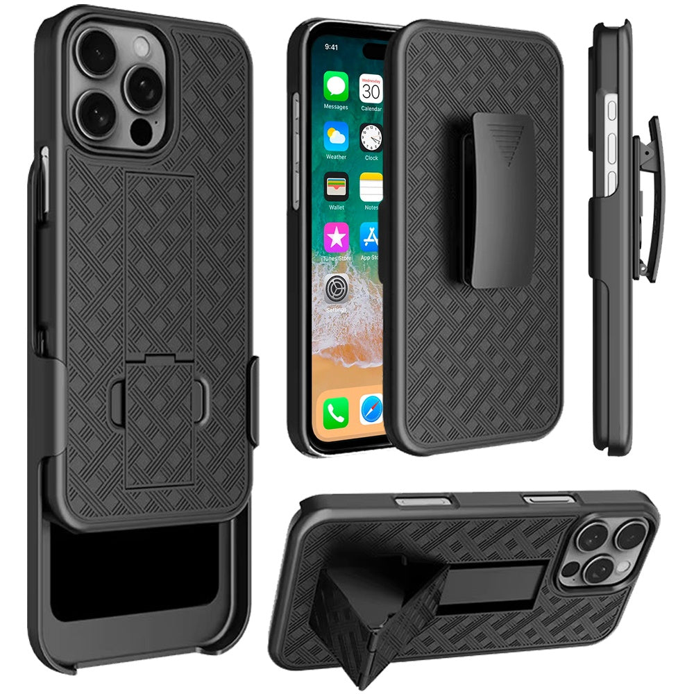 For Apple iPhone 16 Pro Max (6.9") Premium Hybrid Texture Built-in Kickstand Holster Combo 3in1 Swivel Belt Clip Slim Shockproof Case Cover Black