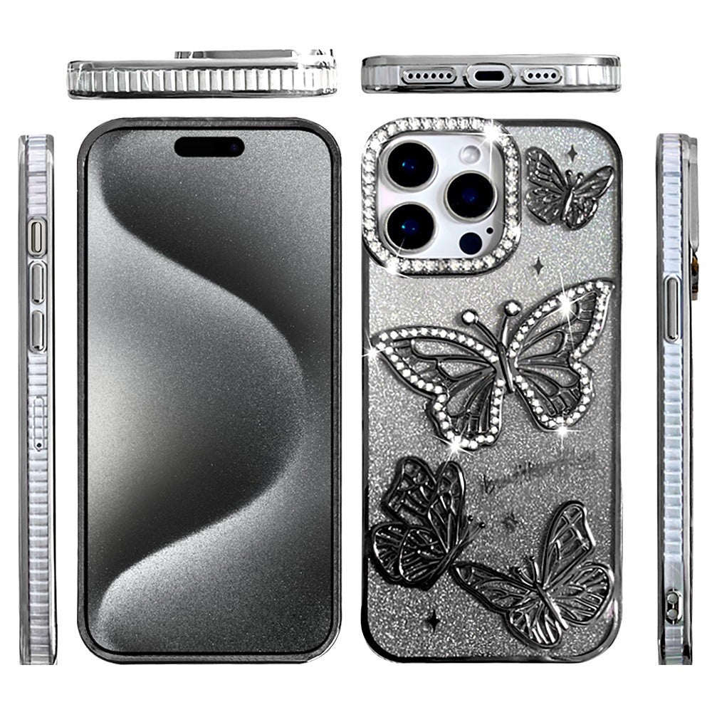 For Apple iPhone 12, Apple iPhone 12 Pro Luxury Butterfly Sparkle Glitter Diamond Crystal Rhinestone Shimmer Bling Plating Thick TPU Hard PC Case Cover