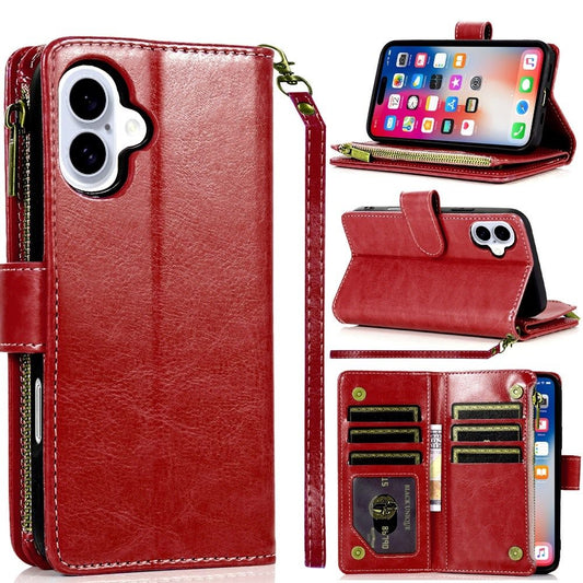 For Apple iPhone 16 (6.1") Leather Zipper Wallet Case 9 Credit Card Slots Cash Money Pocket Clutch Pouch Stand & Strap Case Cover Red