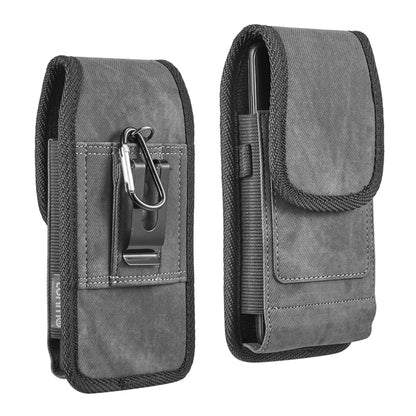 For Apple iPhone 16 Plus (6.7") Universal Vertical Fabric Case Holster with 2 Card Slots, Pen Holder, Belt Clip Loop & Hook Carrying Phone Pouch [Black]