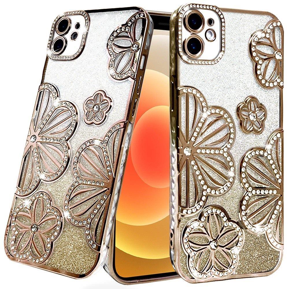 For Apple iPhone 11 Pro Max Luxury Floral Design Sparkle Glitter Diamond Crystal Rhinestone Shimmer Bling Plating Thick TPU Hard PC Case Cover