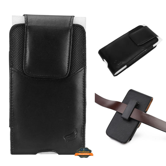 For Apple iPhone 16 Pro (6.3") Vertical PU Leather Cell Phone Carrying Case Pouch with Belt Clip Holster Universal Phone Holder Waist Pouch [Black]