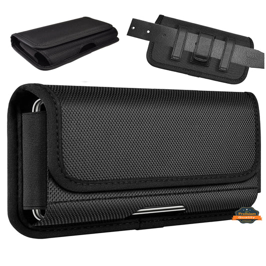 For Apple iPhone 16 Pro Max (6.9") Pouch Case Universal Horizontal Canvas with Belt Clip Loop Holster Military Grade Cell Phone Holder Cover [Black]